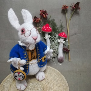 Weißes Kaninchen Plüschtier, benutzerdefinierte Alice im Wunderland Bunny, handgestrickte Dekoration