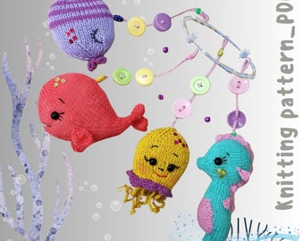 Bundle  Toy knitting pattern sea animals plush whale,  fish, seahorse, knitted ocean baby mobile, knit mobile toys for ocean nursery decor
