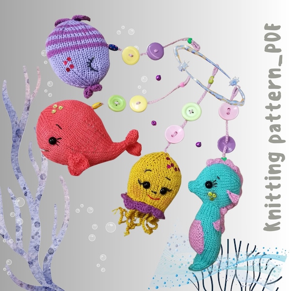 Bundle  Toy knitting pattern sea animals plush whale,  fish, seahorse, knitted ocean baby mobile, knit mobile toys for ocean nursery decor