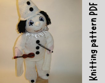Kknitting Patterh Pierrot clown, Knit clown plush Pierrot in White Suit with, knit doll pattern digita, sad clown art