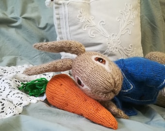 Plush toy Peter Rabbit with Carrot, peter rabbit shower, adorable handmade soft yarn toy, decor peter rabbit party
