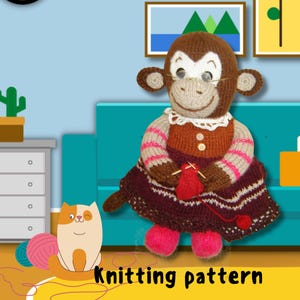 May include: A handmade knitted monkey doll wearing a brown dress with pink and white striped sleeves, holding knitting needles and red yarn. The text "Knitting pattern" is displayed at the bottom of the image.