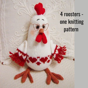 Toy knitting pattern rooster for Valentine&#39;s Day rooster, 4 roosters -1 pattern, knitting pattern valentine&#39;s day, white washed rooster
