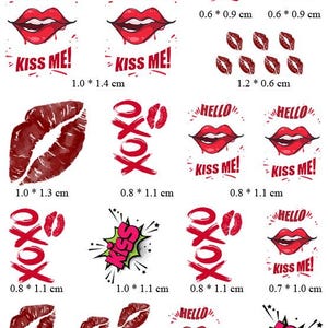 May include: Sheet of red lip and XOXO temporary tattoos. Designs include lip prints, the words "HELLO" and "KISS ME!", and the letters XOXO. Sizes range from 0.6 cm x 0.8 cm to 1.8 cm x 1.5 cm.