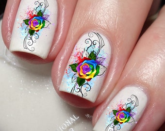 Rainbow Rose Flower Nail Art Decal Sticker