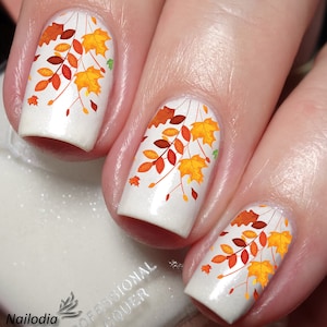 May include: White nail polish with autumn leaf designs in shades of orange, yellow, and brown. The nail art features detailed illustrations of falling leaves, perfect for fall. The image includes the text "Nailodia" and "Proudly Designed and Produced in Australia."