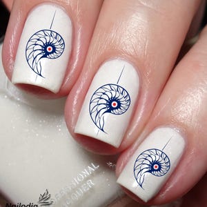 May include: Close-up of three fingernails with white nail polish and a blue and red nautilus shell design. The design is a detailed illustration of a nautilus shell.