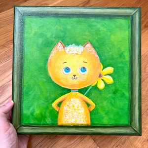 Cute Cat with a Flower Original Acrylic Painting on Canvas - 10x10 in - Unframed (Frame is painted on canvas)