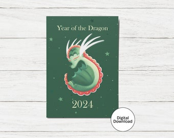 Year of the Dragon Digital Card,  Printable Dragon Card, Lunar New Year 2024, PDF, Instant Download, Chinese New Year, Green Dragon 2024