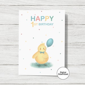 Joyeux 1er anniversaire carte imprimable, téléchargement immédiat, anniversaire numérique, carte d'anniversaire pour garçon, design mignon, petit format, garçon de 1 an