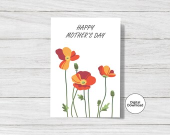 Poppy Flowers Printable Mother&#39;s Day Card | Instant Download | PNG PDF JPG | Simple flowers