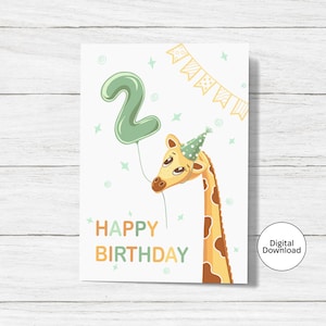 Joyeux 2e anniversaire carte imprimable, téléchargement immédiat, anniversaire numérique, carte pour un garçon, petite girafe, garçon de 2 ans, carte pliée 5 x 7 po