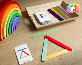Jeu Montessori, les bâtons colorés : bâtons en bois et cartes à motifs, Motricité Fine, Activité Maternelle, PDF à imprimer