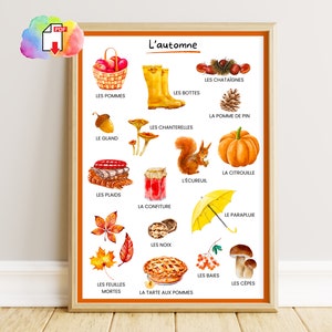 Herbstthema-Lernplakat, Montessori-Aquarelldruck, Kindergarten-Drucke, pädagogisches Klassenzimmer, Tiere