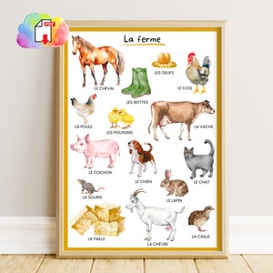 Cartel educativo acuarela tema de animales de granja, decoración del aula de guardería Montessori, cartel educativo de animales