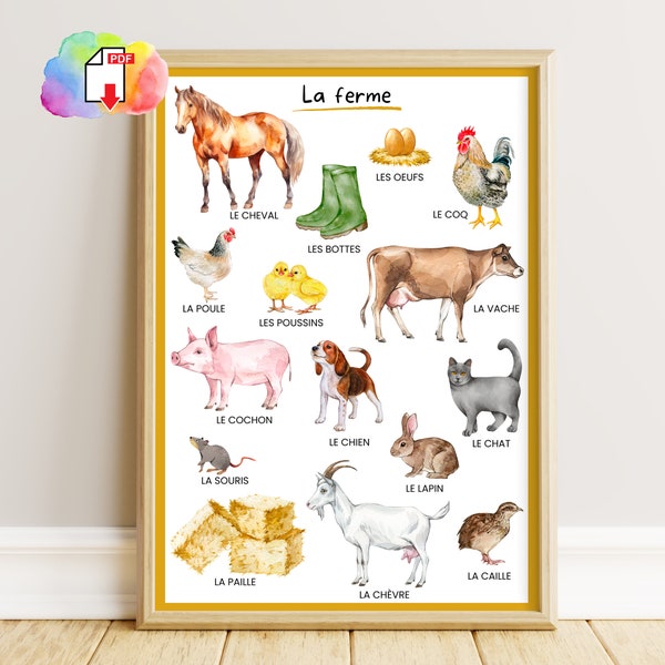 Affiche poster pédagogique aquarelle thème les animaux de la ferme, montessori décoration crèche salle de classe, poster éducatif animaux