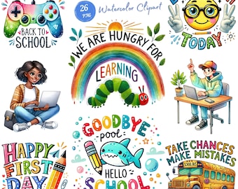Watercolor Back To School Clipart PNG - Hand-Drawn School Supplies for Kids and Teachers. Cute Back to School Digital Download for Classroom