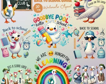Può includere: Una collezione di clipart ad acquerello con oche dei cartoni animati in vari contesti scolastici. Le immagini includono oche con libri, matite e zaini, insieme a testi che recitano "Back to School" e "Silly Goose Teacher Club."