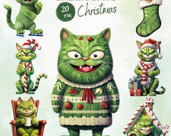 Discover festive watercolor cute green cat Christmas illustration. This digital download clipart adds a touch of whimsical to your projects.