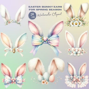 Clipart de orejas de conejo de Pascua en acuarela. Orejas de conejo de Pascua y flores primaverales PNG para decoración de temporada. Huevos de Pascua primaverales con arte de orejas de conejo.
