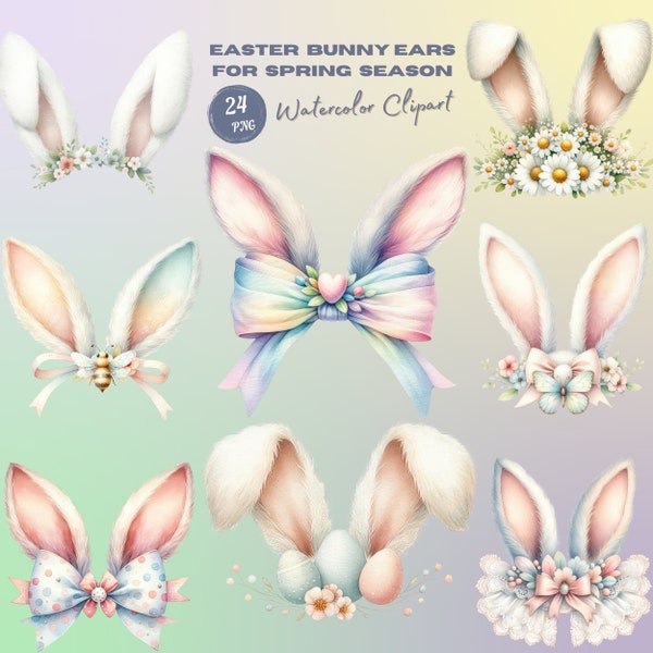 Watercolor Easter Bunny Ears Clipart. Easter Bunny Ears & Spring Floral PNG for Seasonal Decor. Springtime Easter Eggs with Bunny Ears Art.