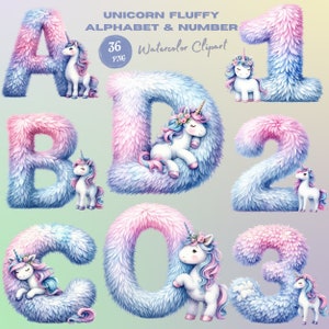 Watercolor Unicorn Alphabet Letters and Numbers with Fluffy Texture Clipart. Whimsical Nursery Decor and Educational Art for Kids Room Party