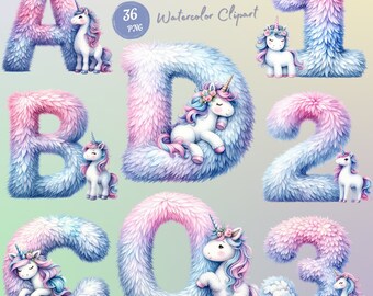 Watercolor Unicorn Alphabet Letters and Numbers with Fluffy Texture Clipart. Whimsical Nursery Decor and Educational Art for Kids Room Party
