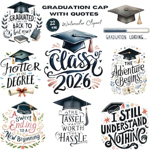 Aquarel afstudeerpet-clipart met inspirerende citaten voor klas 2026|2025. Perfecte cadeau-ideeën voor studenten. Academisch Celebration-diploma
