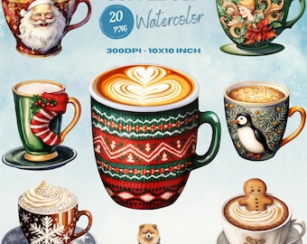 Watercolor Christmas Coffee Cup, Watercolor Christmas Drinks Clipart, Christmas Hot Drink PNG Bundle, Winter Drinks Watercolor Clipart Sets