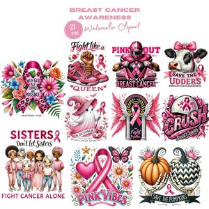Pu&ograve; includere: Una collezione di 21 clipart ad acquerello a tema sensibilizzazione sul cancro al seno. Le immagini presentano nastri rosa, fiori e testo motivazionale. I disegni includono un giocatore di football americano, una mucca e un fantasma.