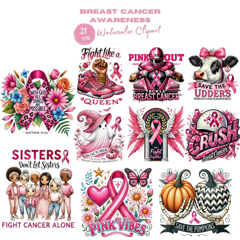 Pu&ograve; includere: Una collezione di 21 clipart ad acquerello a tema sensibilizzazione sul cancro al seno. Le immagini presentano nastri rosa, fiori e testo motivazionale. I disegni includono un giocatore di football americano, una mucca e un fantasma.