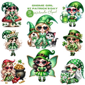 Acquerello Gnome Girl St Patricks Day Clipart Lucky Clover Shamrock Stampabile PNG. Grazioso design Leprechaun irlandese da scaricare in digitale.