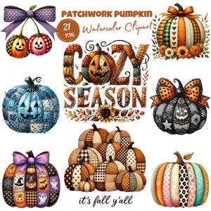Akvarell lapptäcke pumpa Clipart sublimering, preppy pumpasäsong PNG, höstpumpa PNG, höst PNG, vintage Halloween blommig pumpa