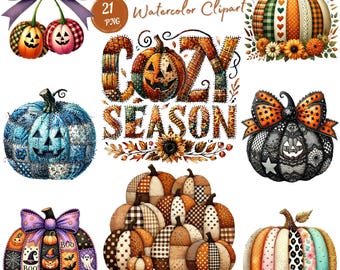 Calabaza de patchwork de acuarela, sublimación de imágenes prediseñadas, calabaza de temporada preppy PNG, calabaza de otoño PNG, calabaza floral vintage de Halloween