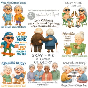Clipart de acuarela sublimado del Día de la Tercera Edad. Ilustraciones divertidas, originales y originales de personas mayores. Mujeres y hombres mayores.