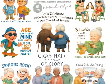 Watercolor Senior Citizen Day Clipart Sublimation. Fun and Whimsical Quirky Old People Illustrations. Senior Citizen Ladies and Elderly Man