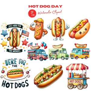 May include: A set of 21 watercolour clipart images featuring hot dogs, hot dog stands, and other related imagery. The images are perfect for use in digital scrapbooking, card making, and other craft projects. The images include a hot dog with a smiling face, a hot dog stand with a red and white striped awning, and a hot dog with mustard and ketchup.
