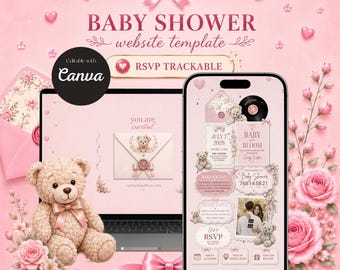 Baby Shower Website Template with RSVP | Coquette Teddy Bear Invitation | Editable Canva Site | Registry & Countdown