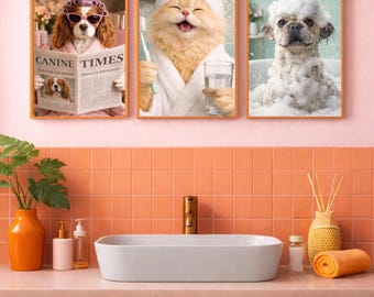 Custom Pet Bathroom Photo, Personalized Pet in Bathtub Portrait Set, Funny Wall Art Dog & Cat Reading Newspaper on Toilet (Digital Download)