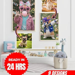 May include: A collection of framed art prints featuring animals in humorous poses. One print shows a dog wearing sunglasses and a pink jacket, blowing a bubble. Another features a cat dabbing in a baseball jacket. The text "READY IN 24 HRS" and "9 DESIGNS" are also visible.
