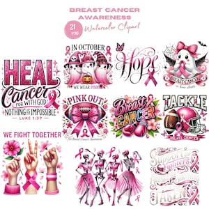 Pu&ograve; includere: Una collezione di 21 immagini clipart ad acquerello a tema sensibilizzazione al cancro al seno. Le immagini presentano nastri rosa, testo e illustrazioni, tra cui fantasmi, palloni da football americano, guantoni da boxe e scheletri. Il testo include "Heal Cancer", "Hope".