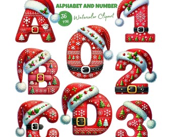 Christmas Embroidery Alphabet Clipart, Festive Letters & Numbers, Coquette Faux Yarn Xmas Font PNG Watercolor Sublimation (Digital Download)