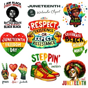 May include: A collection of watercolor clipart designs celebrating Juneteenth. The designs include portraits, phrases like "Respect Existence or Expect Resistance," and images of Africa, hearts, and sneakers. The color palette features red, yellow, green, and black.