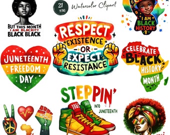 Clipart del decimonoveno en acuarela: Arte de celebración del Día de la Emancipación y la Independencia. Celebre la libertad con el arte afroamericano el 19 de junio.