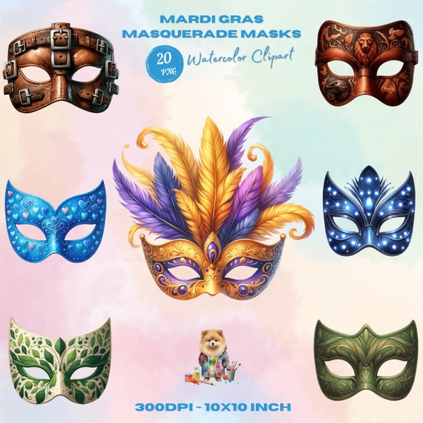 Watercolor Masks for Mardi Gras - Masquerade Clipart, Colorful and Festive. Watercolor Masquerade Masks, Carnival Downloads for Party Decor.