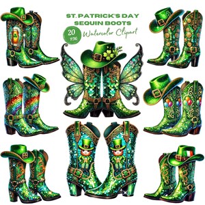 Botas de lantejoulas da sorte do dia de São Patrício em aquarela e chapéu de cowboy verde clipart PNG. Botas de duende e trevo irlandês para download digital de artesanato.
