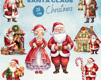 Watercolor Santa Claus Clipart, Christmas Clip Art Bundle, Winter Holiday Graphic PNG, Winter and Xmas Illustrations, Decor for Cards