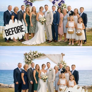 May include: A wedding photo featuring a bride in a white gown and a groom in a tan suit, surrounded by family and friends. The group stands in front of a floral arch with the ocean in the background. The image includes the text "BEFORE" and "AFTER".