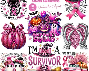 Halloween Breast Cancer Awareness, In October We Wear Pink PNG, Retro Breast Cancer PNG, Halloween Pink Ghost PNG Bundle, Watercolor Clipart