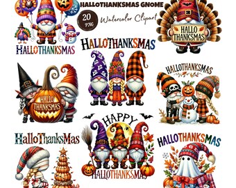 HalloThanksMas Gnome PNG, Watercolor Happy Halloween Thanksgiving Christmas Gnomes Clipart Sublimation, Whimsical Funny Holiday Gnomes PNG